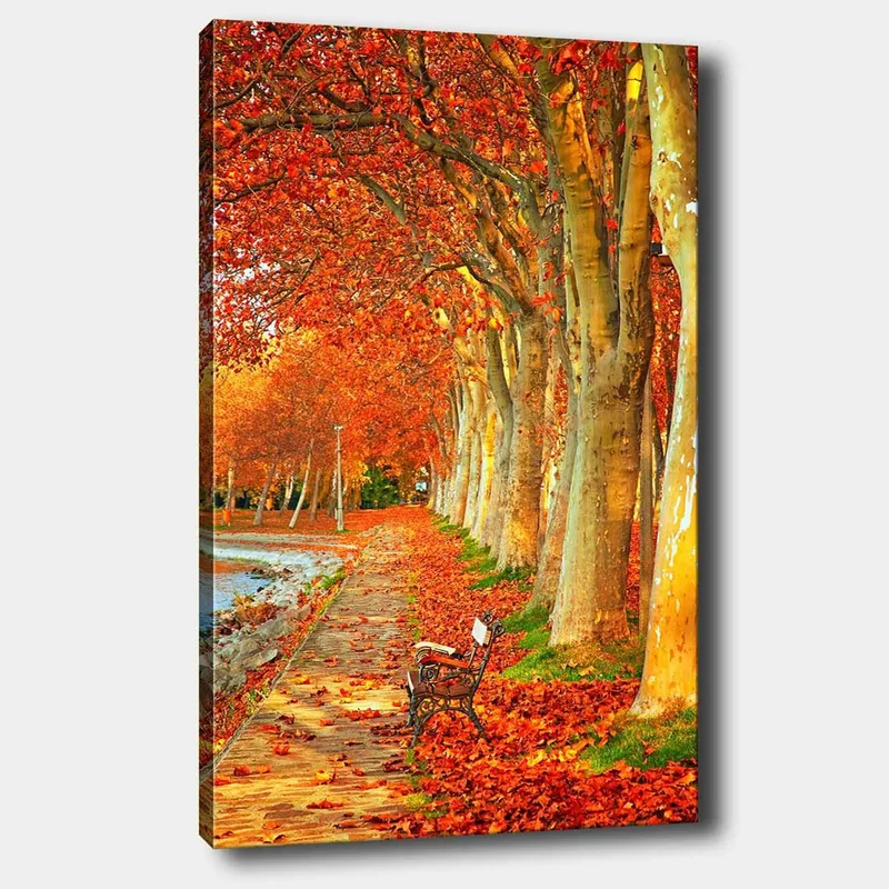 Canvastavla 70x100 cm - Vacker höstscen med en bänk längs en allé av träd med sprakande röda och orange löv, Röd / Orange / Gul
