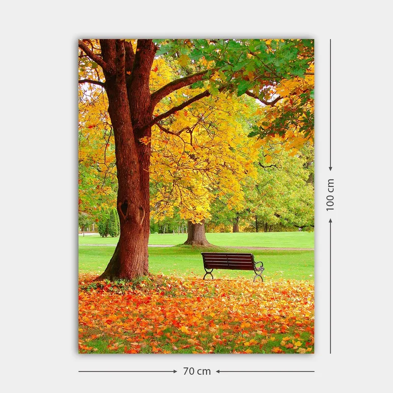 Canvastavla 70x100 cm - Vacker höstscen med en bänk under ett färgsprakande träd - Guldgul / Orange / Brun - Inredning & dekor - Tavlor & konst - Canvastavla
