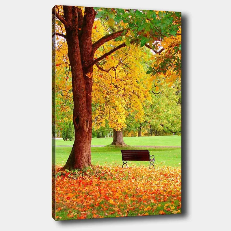 Canvastavla 70x100 cm - Vacker höstscen med en bänk under ett färgsprakande träd - Guldgul / Orange / Brun - Inredning & dekor - Tavlor & konst - Canvastavla
