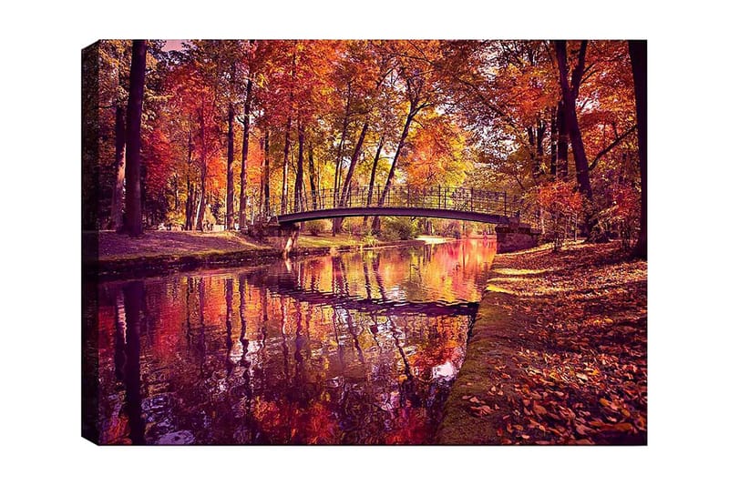 Canvastavla 70x100 cm - Vacker höstscen med en bro som sträcker sig över en spegelblanka vattenyta omgiven av färgglada träd - Orange / Röd / Gul - Inredning & dekor - Tavlor & konst - Canvastavla