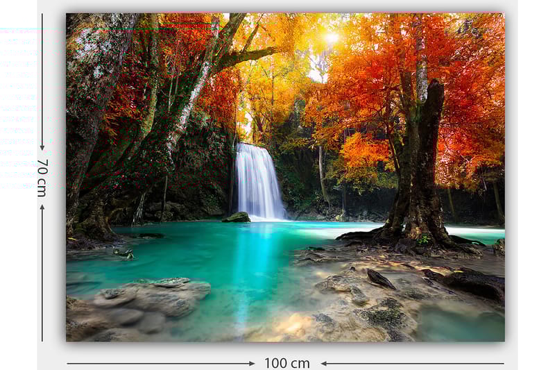 Canvastavla 70x100 cm - Vacker höstscen med en vattenfall omgiven av färgglada träd i orange och röd nyans - Turkos / Orange / Röd - Inredning & dekor - Tavlor & konst - Canvastavla