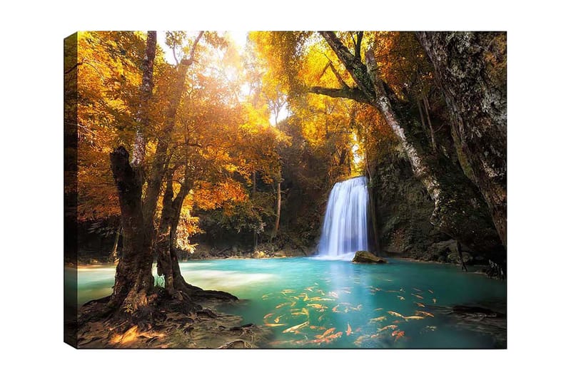 Canvastavla 70x100 cm - Vacker höstscen med ett vattenfall omgiven av färgglada träd och klart vatten - Guldorange / Turkos / Brun - Inredning & dekor - Tavlor & konst - Canvastavla