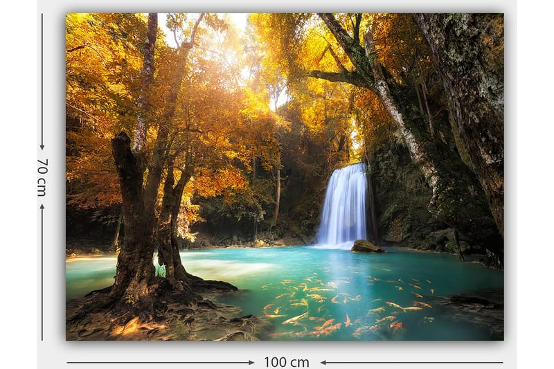 Canvastavla 70x100 cm - Vacker höstscen med ett vattenfall omgiven av färgglada träd och klart vatten - Guldorange / Turkos / Brun - Inredning & dekor - Tavlor & konst - Canvastavla