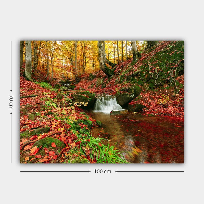 Canvastavla 70x100 cm - Vacker höstscen med ett porlande vattendrag omgiven av färgglada lövträd - Orange / Röd / Grön - Inredning & dekor - Tavlor & konst - Canvastavla
