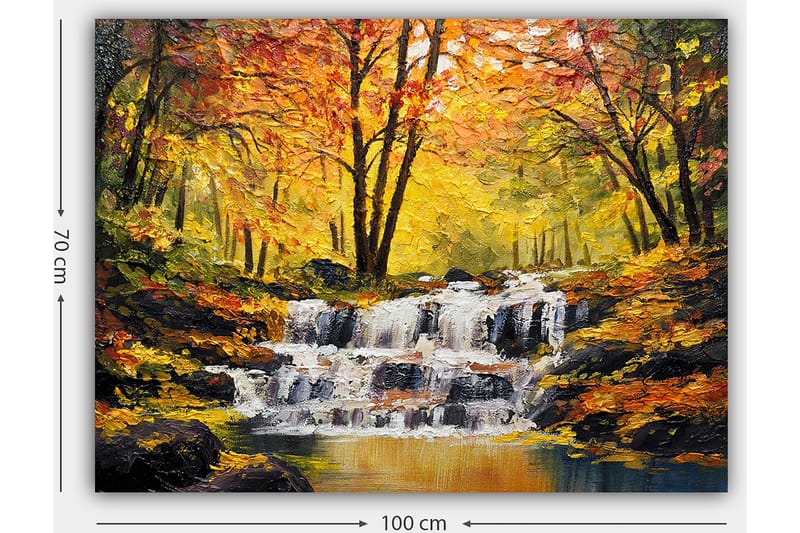 Canvastavla 70x100 cm - Vacker höstscen med ett porlande vattenfall omgiven av färgglada träd i gult och orange - Gult / Orange / Brunt - Inredning & dekor - Tavlor & konst - Canvastavla