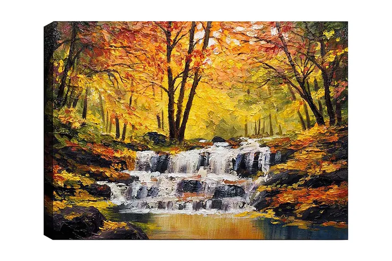 Canvastavla 70x100 cm - Vacker höstscen med ett porlande vattenfall omgiven av färgglada träd i gult och orange, Gult / Orange / Brunt