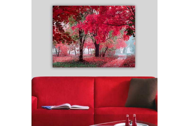 Canvastavla 70x100 cm - Vacker höstscen med röda och orangea löv som täcker träden och marken - Röd / Orange / Grön - Inredning & dekor - Tavlor & konst - Canvastavla