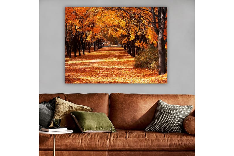 Canvastavla 70x100 cm - Vacker höstscen med träd i starka orangea och gula nyanser som skapar en inbjudande gångväg täckt av fallna löv - Orange / Gult / Brunt - Inredning & dekor - Tavlor & konst - Canvastavla