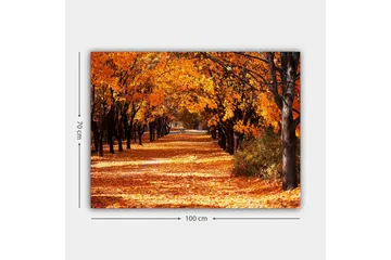 Canvastavla 70x100 cm - Vacker höstscen med träd i starka orangea och gula nyanser som skapar en inbjudande gångväg täckt av fallna löv - Orange / Gult / Brunt - Inredning & dekor - Tavlor & konst - Canvastavla