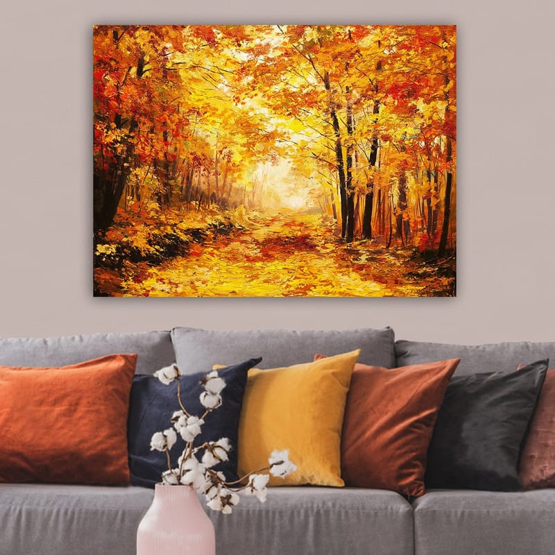Canvastavla 70x100 cm - Vacker höstskog med gyllene och orangea löv som skapar en varm och inbjudande atmosfär - Guld / Orange / Röd - Inredning & dekor - Tavlor & konst - Canvastavla