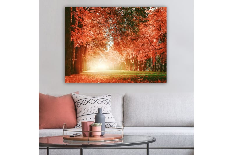 Canvastavla 70x100 cm - Vacker höstskog med strålande orangea och röda löv som skapar en varm och inbjudande atmosfär - Orange / Röd / Grön - Inredning & dekor - Tavlor & konst - Canvastavla