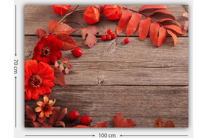Canvastavla 70x100 cm - Vacker komposition av röda blommor och höstlöv mot en träbakgrund - Röd / Orange / Brun - Inredning & dekor - Tavlor & konst - Canvastavla