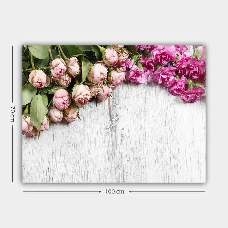 Canvastavla 70x100 cm - Vacker komposition av rosor och nejlikor i mjuka rosa nyanser - Ljusrosa / Mörkrosa / Grön - Inredning & dekor - Tavlor & konst - Canvastavla
