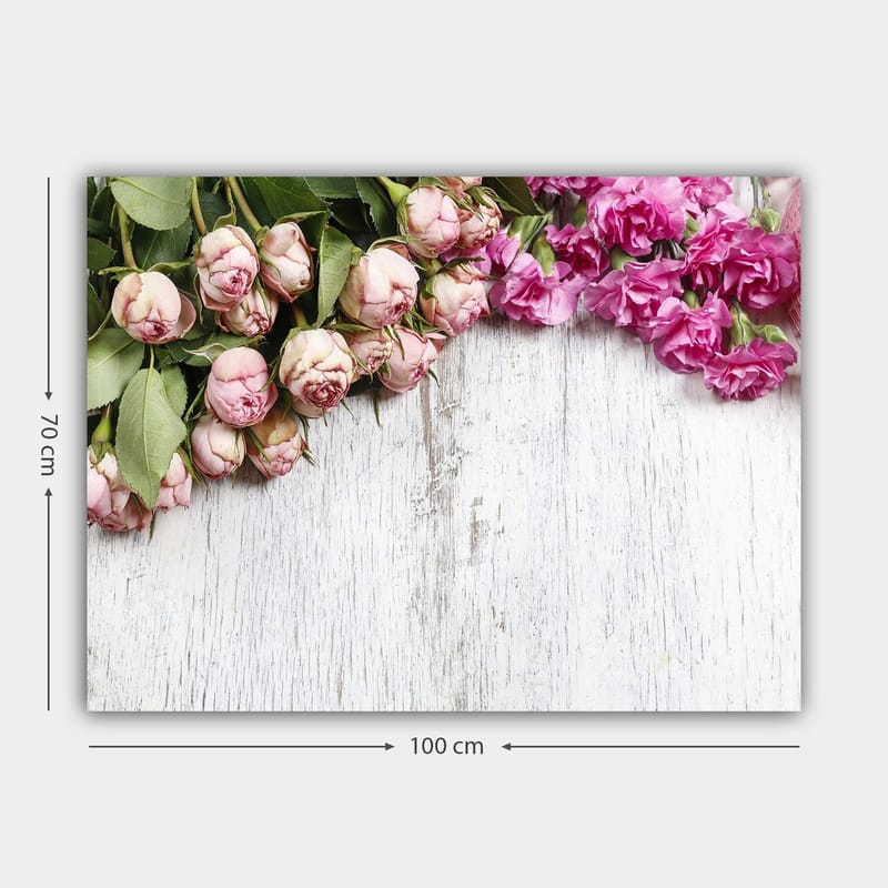 Canvastavla 70x100 cm - Vacker komposition av rosor och nejlikor i mjuka rosa nyanser - Ljusrosa / Mörkrosa / Grön - Inredning & dekor - Tavlor & konst - Canvastavla