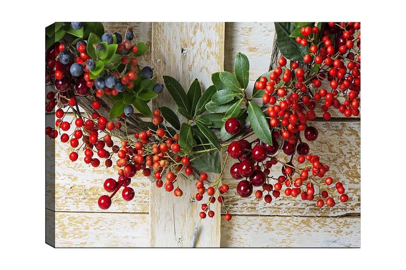 Canvastavla 70x100 cm - Vacker krans av bär och gröna blad som skapar en festlig atmosfär, Röd / Grön / Blå
