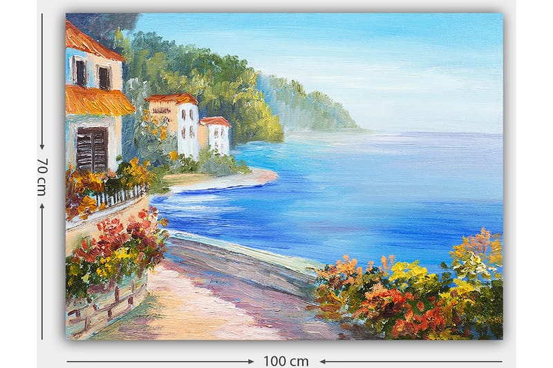 Canvastavla 70x100 cm - Vacker kustlandskap med vita hus och blomstrande växter vid havet - Blå / Grön / Orange - Inredning & dekor - Tavlor & konst - Canvastavla