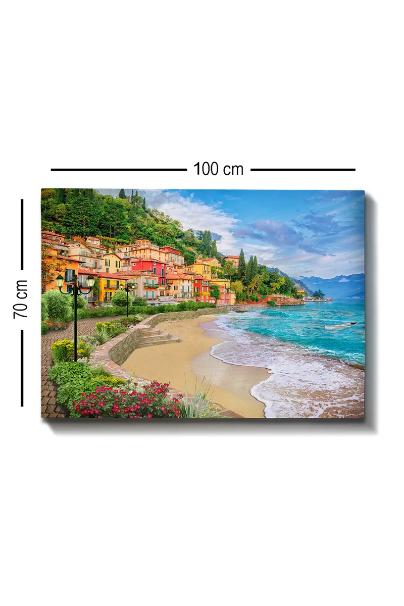 Canvastavla 70x100 cm - Vacker kustlinje med färgglada hus som klättrar uppför en grönskande kulle vid en strand - Blå / Grön / Gul - Inredning & dekor - Tavlor & konst - Canvastavla