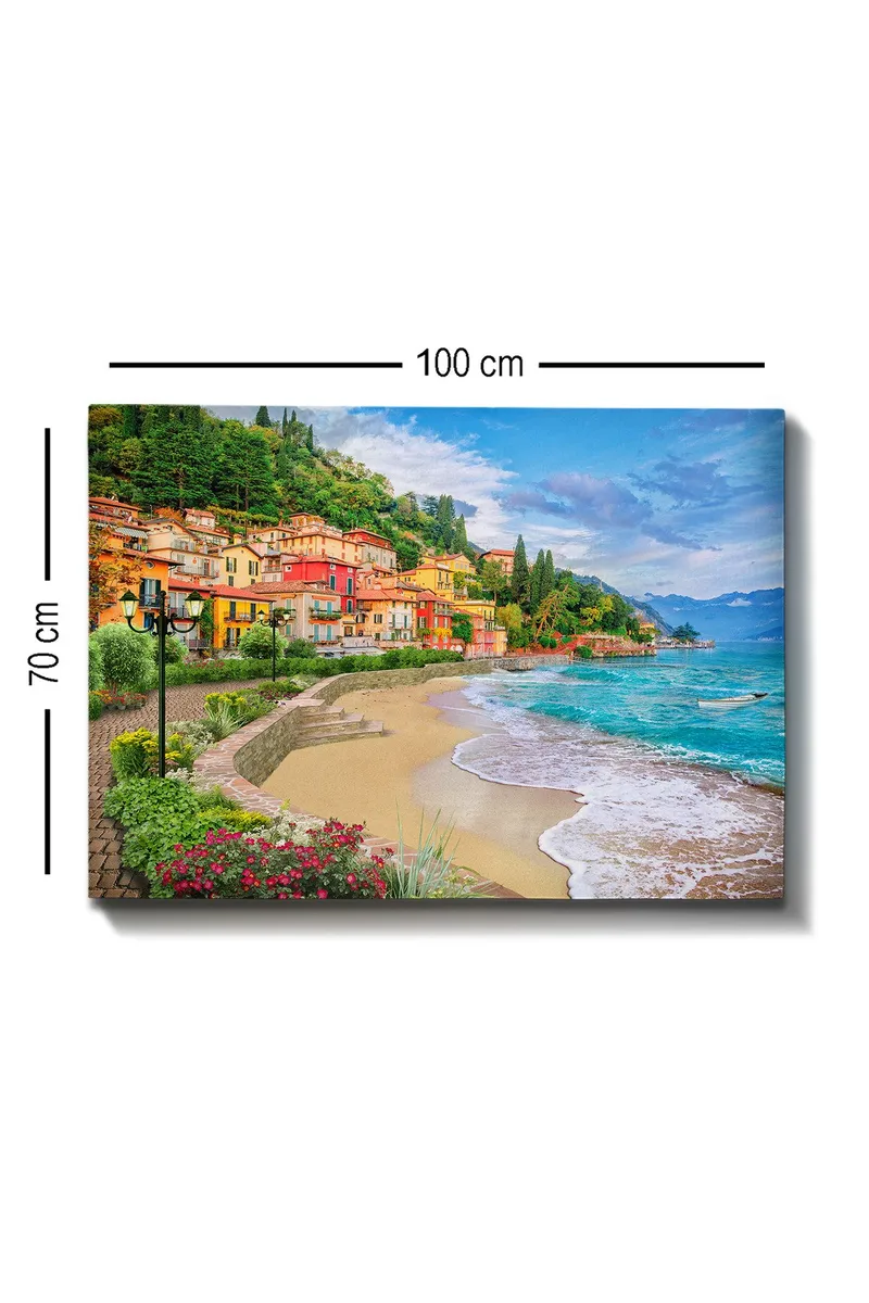 Canvastavla 70x100 cm - Vacker kustlinje med färgglada hus som klättrar uppför en grönskande kulle vid en strand - Blå / Grön / Gul - Inredning & dekor - Tavlor & konst - Canvastavla