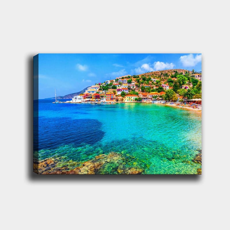 Canvastavla 70x100 cm - Vacker kustlinje med färgglada hus vid havet och en klar blå himmel - Turkos / Blå / Grön - Inredning & dekor - Tavlor & konst - Canvastavla