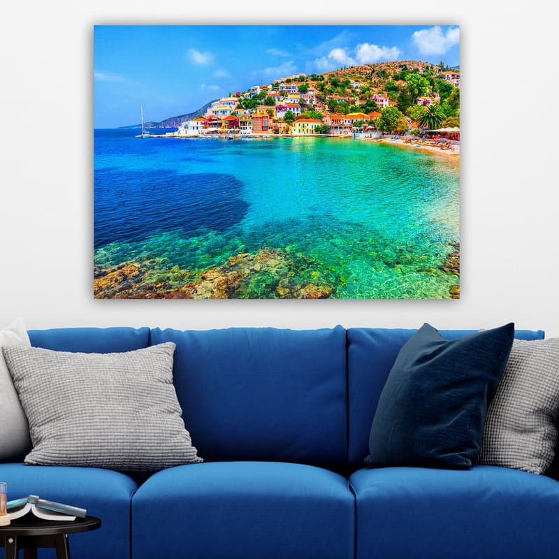 Canvastavla 70x100 cm - Vacker kustlinje med färgglada hus vid havet och en klar blå himmel - Turkos / Blå / Grön - Inredning & dekor - Tavlor & konst - Canvastavla