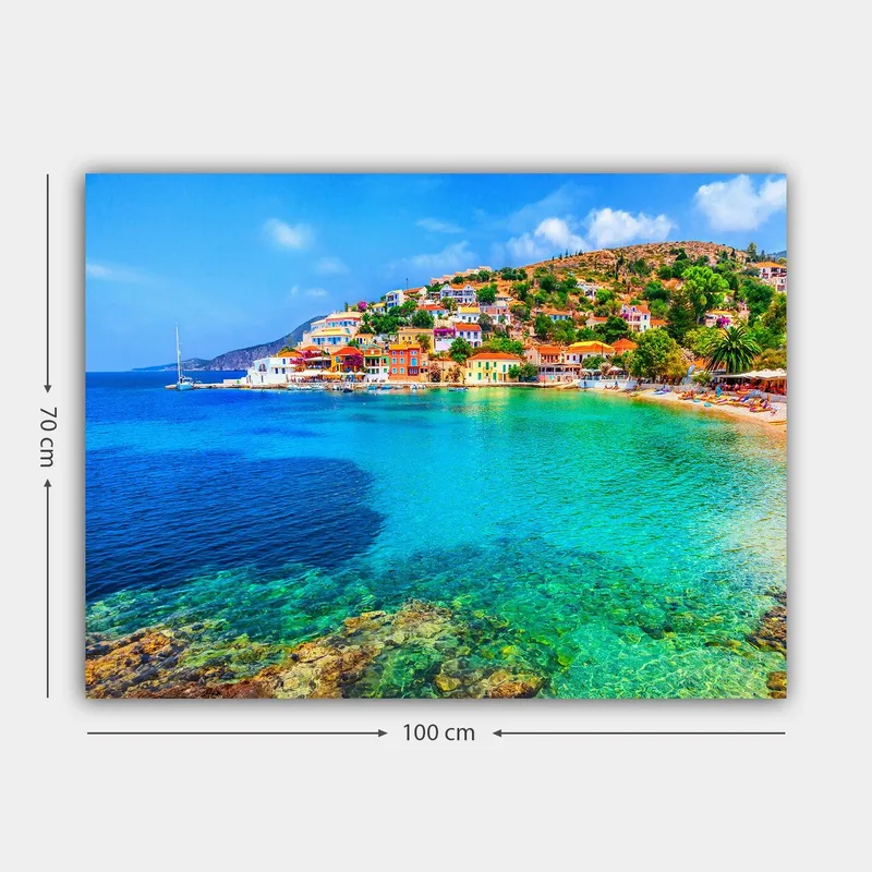 Canvastavla 70x100 cm - Vacker kustlinje med färgglada hus vid havet och en klar blå himmel - Turkos / Blå / Grön - Inredning & dekor - Tavlor & konst - Canvastavla