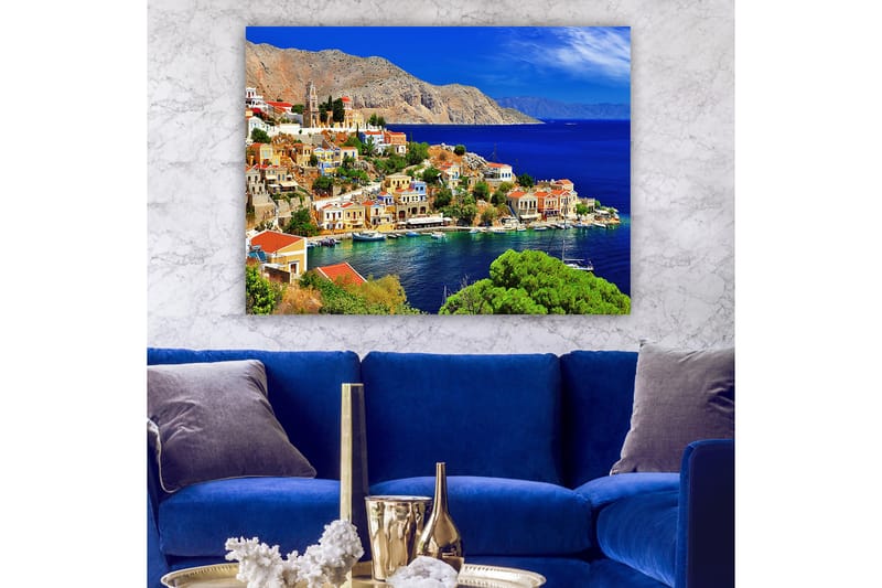 Canvastavla 70x100 cm - Vacker kuststad med färgglada hus vid havet och omgivande berg - Blå / Grön / Orange - Inredning & dekor - Tavlor & konst - Canvastavla