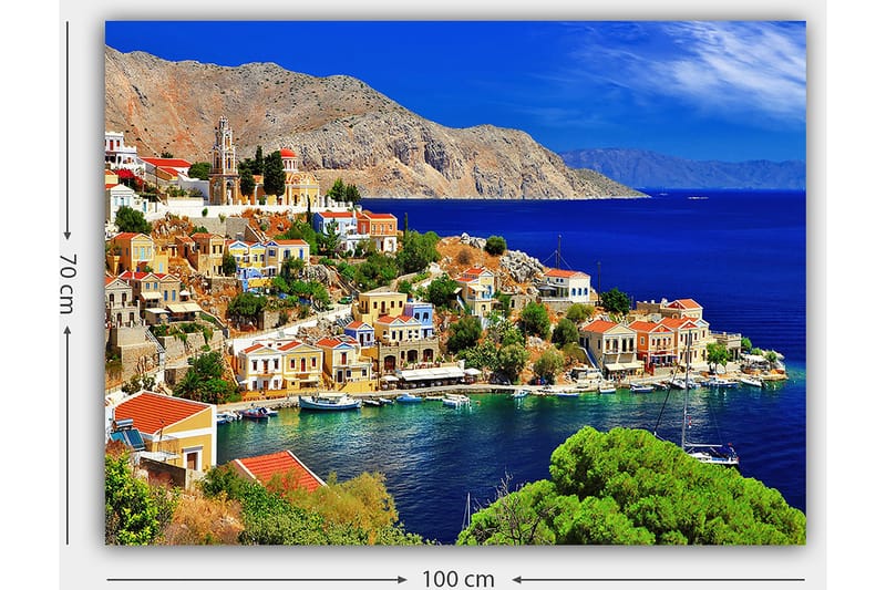 Canvastavla 70x100 cm - Vacker kuststad med färgglada hus vid havet och omgivande berg - Blå / Grön / Orange - Inredning & dekor - Tavlor & konst - Canvastavla