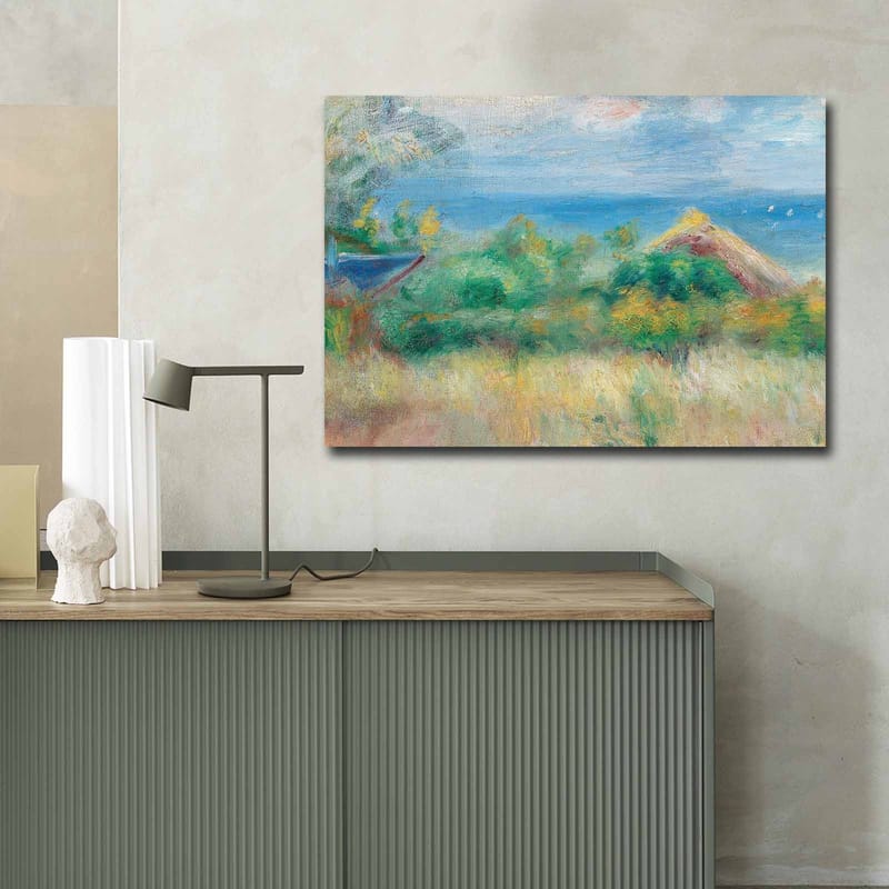 Canvastavla 70x100 cm - Vacker landskapsmålning med en blå himmel, hav och gröna fält - Blå / Grön / Beige - Inredning & dekor - Tavlor & konst - Canvastavla