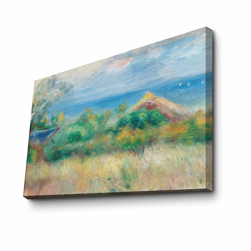 Canvastavla 70x100 cm - Vacker landskapsmålning med en blå himmel, hav och gröna fält - Blå / Grön / Beige - Inredning & dekor - Tavlor & konst - Canvastavla