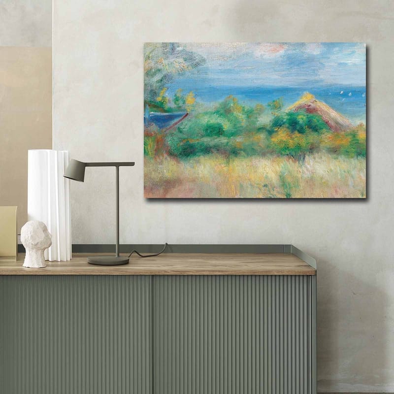 Canvastavla 70x100 cm - Vacker landskapsmålning med en blå himmel, hav och gröna fält - Blå / Grön / Beige - Inredning & dekor - Tavlor & konst - Canvastavla