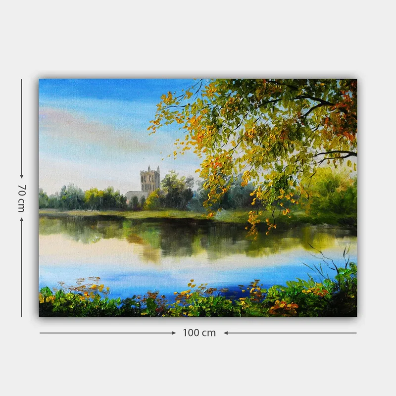 Canvastavla 70x100 cm - Vacker landskapsmålning med en spegelblanka sjö och ett gammalt torn i bakgrunden, omgiven av träd och höstfärger - Grön / Blå / Gul - Inredning & dekor - Tavlor & konst - Canvastavla