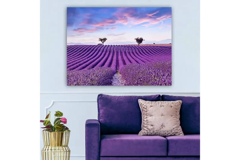 Canvastavla 70x100 cm - Vacker lavendelfält med mjuka, vågiga rader av lavendelblommor under en klar himmel - Lila / Grön / Blå - Inredning & dekor - Tavlor & konst - Canvastavla