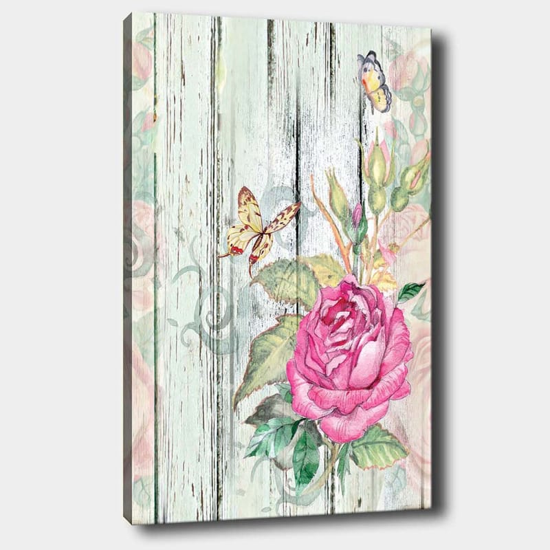Canvastavla 70x100 cm - Vacker ros omgiven av fjärilar och gröna blad, Rosa / Grön / Gul