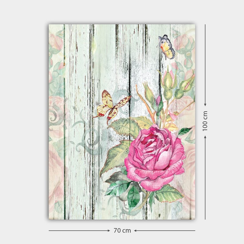 Canvastavla 70x100 cm - Vacker ros omgiven av fjärilar och gröna blad - Rosa / Grön / Gul - Inredning & dekor - Tavlor & konst - Canvastavla