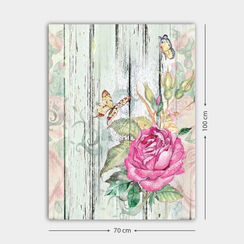 Canvastavla 70x100 cm - Vacker ros omgiven av fjärilar och gröna blad - Rosa / Grön / Gul - Inredning & dekor - Tavlor & konst - Canvastavla