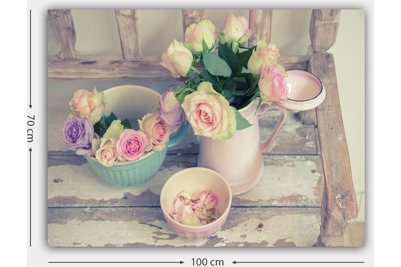 Canvastavla 70x100 cm - Vacker samling av rosor i pastellfärger i en kanna och skålar - Rosa / Grön / Ljusblå - Inredning & dekor - Tavlor & konst - Canvastavla