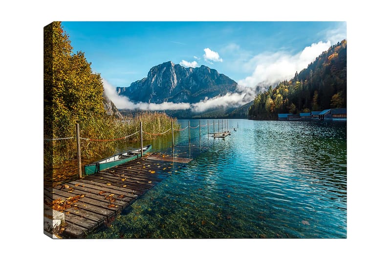 Canvastavla 70x100 cm - Vacker sjö med en brygga, omgiven av majestätiska berg och h östfärgade träd, Blå / Grön / Gul