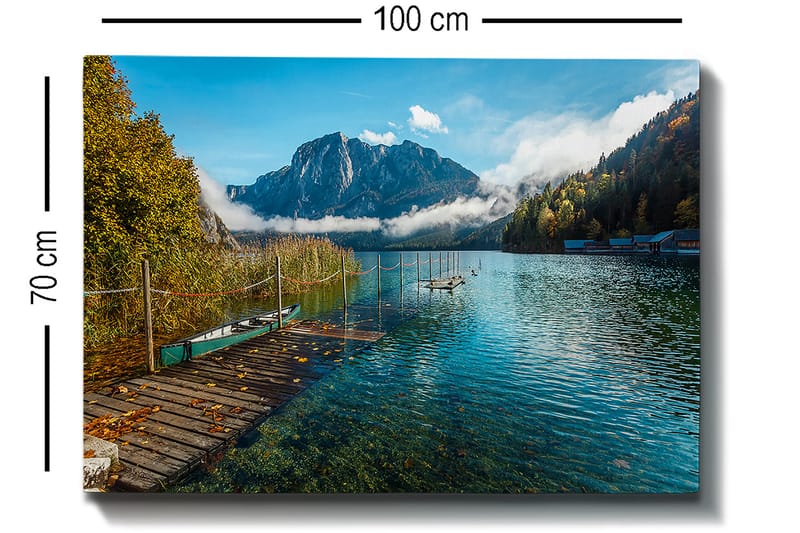 Canvastavla 70x100 cm - Vacker sjö med en brygga, omgiven av majestätiska berg och höstfärgade träd - Blå / Grön / Gul - Inredning & dekor - Tavlor & konst - Canvastavla