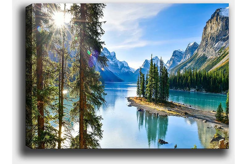 Canvastavla 70x100 cm - Vacker sjölandskap med höga berg och tät grönska som speglas i vattnet - Grön / Blå / Brun - Inredning & dekor - Tavlor & konst - Canvastavla