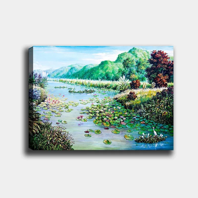 Canvastavla 70x100 cm - Vacker sjöscen med näckrosor och omgivande grönska, Grön / Blå / Rosa