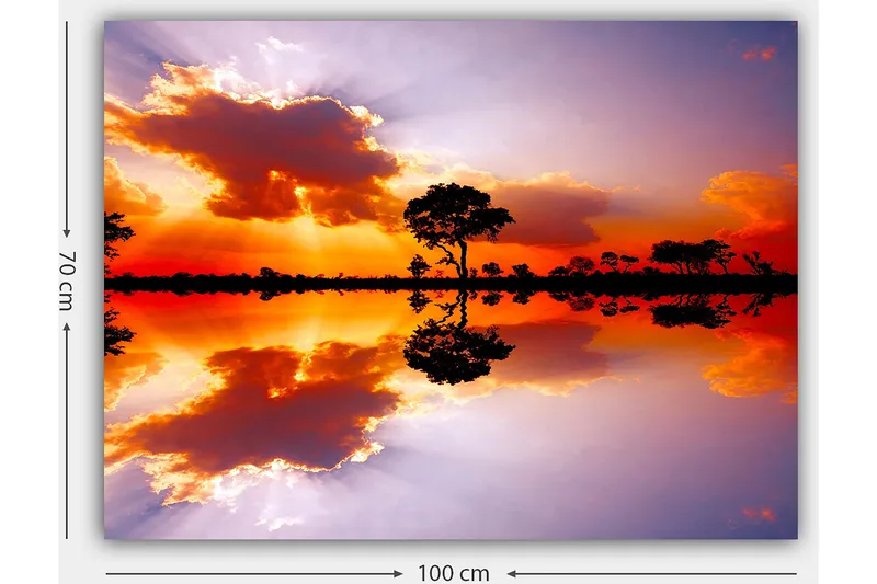 Canvastavla 70x100 cm - Vacker solnedgång med silhuetter av träd som speglas i en stilla vattenyta - Orange / Lila / Svart - Inredning & dekor - Tavlor & konst - Canvastavla