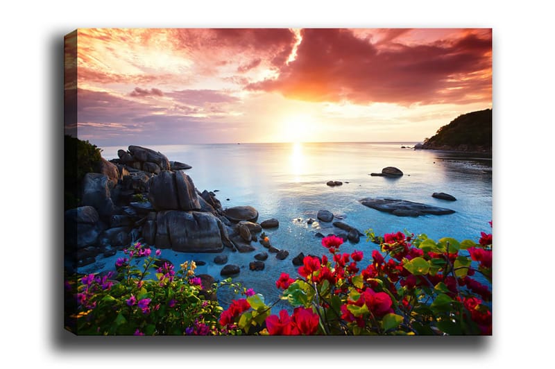 Canvastavla 70x100 cm - Vacker solnedgång över havet med klippor och färgglada blommor i förgrunden - Rosa / Blå / Orange - Inredning & dekor - Tavlor & konst - Canvastavla