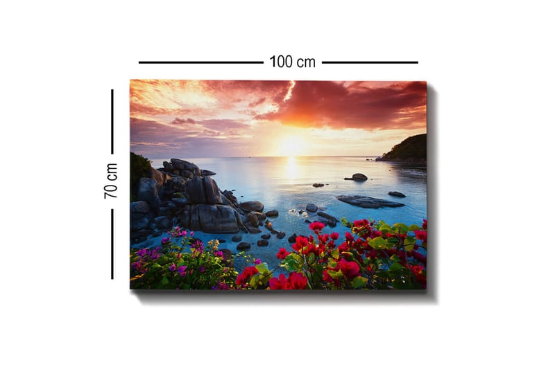 Canvastavla 70x100 cm - Vacker solnedgång över havet med klippor och färgglada blommor i förgrunden - Rosa / Blå / Orange - Inredning & dekor - Tavlor & konst - Canvastavla