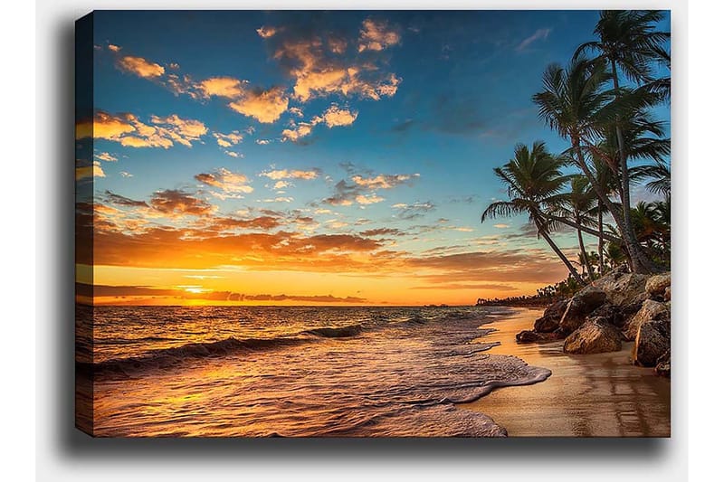 Canvastavla 70x100 cm - Vacker solnedgång vid en strand med palmer och mjuka vågor som rullar in mot sanden - Orange / Blå / Beige - Inredning & dekor - Tavlor & konst - Canvastavla