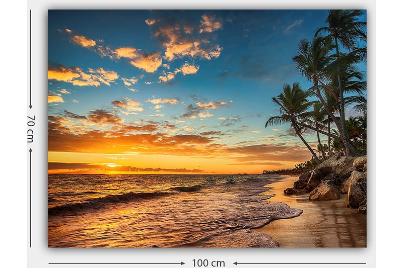 Canvastavla 70x100 cm - Vacker solnedgång vid en strand med palmer och mjuka vågor som rullar in mot sanden - Orange / Blå / Beige - Inredning & dekor - Tavlor & konst - Canvastavla