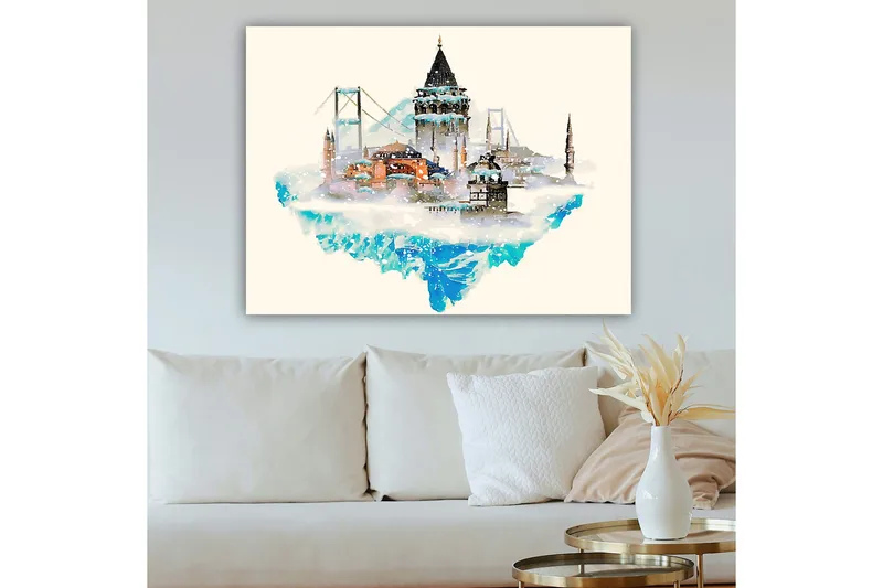 Canvastavla 70x100 cm - Vacker stadssilhuett med historiska byggnader och broar, omgiven av snö och is - Blå / Orange / Grå - Inredning & dekor - Tavlor & konst - Canvastavla