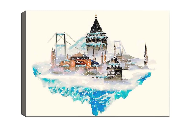 Canvastavla 70x100 cm - Vacker stadssilhuett med historiska byggnader och broar, omgiven av snö och is, Blå / Orange / Grå