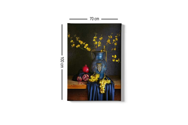 Canvastavla 70x100 cm - Vacker stilleben med en blå vas fylld med gula blommor och frukter som granatäpple och druvor - Blå / Gul / Röd - Inredning & dekor - Tavlor & konst - Canvastavla