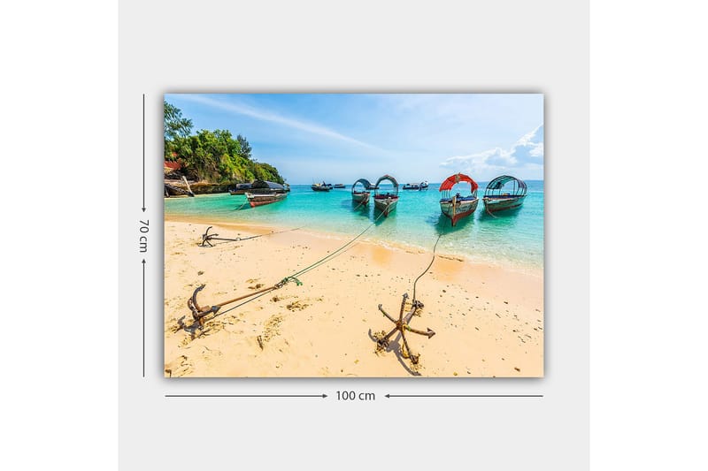 Canvastavla 70x100 cm - Vacker strandscen med flera färgglada båtar som ligger förtöjda vid en sandstrand - Turkos / Beige / Röd - Inredning & dekor - Tavlor & konst - Canvastavla
