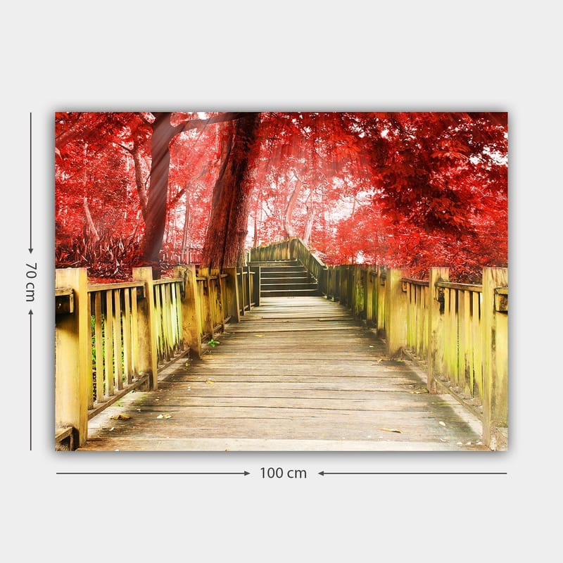 Canvastavla 70x100 cm - Vacker träbro omgiven av lysande röda träd i en höstig miljö - Röd / Gulgrön - Inredning & dekor - Tavlor & konst - Canvastavla
